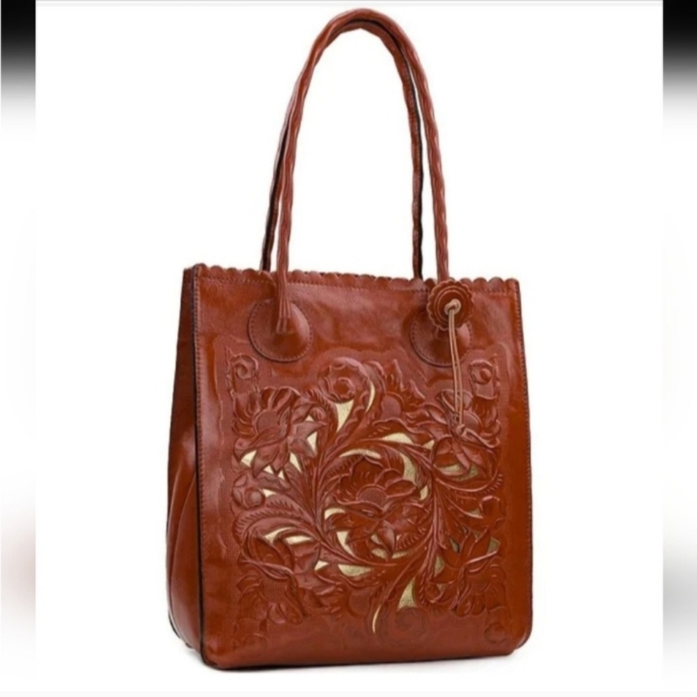 Patricia Nash Cut Out Tooling Cavo Collection Tote in Cinnamon Leather
